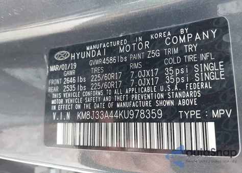 2019 Hyundai Tucson Value z USA, uszkodzony, nr VIN KM8J33A44KU978359